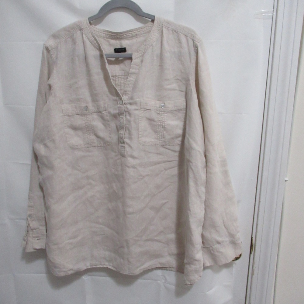 Talbots Linen Tunic Womens 2X Beige Excellent Roll Tab Sleeve Split Neck Top